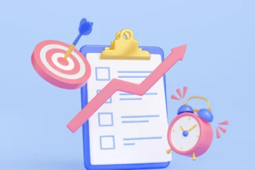 Imagem ilustrativa sobre como reduzir retrabalho e aumentar resultados, com um checklist, gráfico de crescimento e despertador.