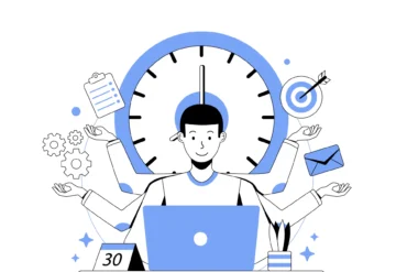 Ilustração de uma pessoa com múltiplas mãos ao lado de um relógio, laptop e ícones relacionados à produtividade e indicadores de desempenho.